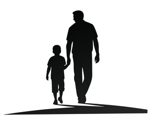 Silhouette of father and son walking together holding hands on white background.