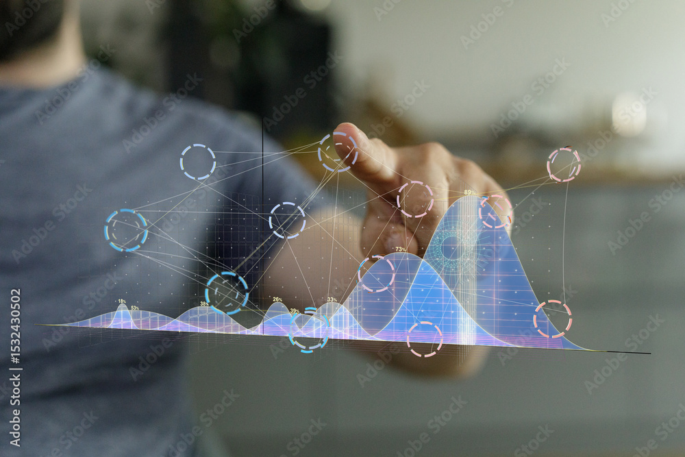 Poster businessman analyzing data graphs, charts, and growth insights on a digital screen.