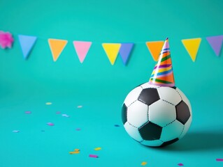 Soccer ball decorated for a birthday celebration with colorful banners