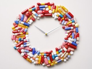 Colorful clock made from various pills and capsules on a light background