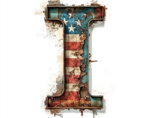 rustic, weathered letter "I" painted with the pattern of the American flag. The distressed look gives it a vintage feel.