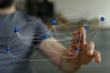 Hand interacting with digital network, nodes, connections, technology, global, communication,...