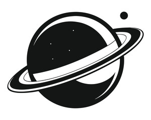 Black and white simple illustration of planet with rings and a small celestial body.