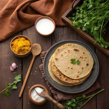 Deshi nan rooti and milk, cream served with on a plate