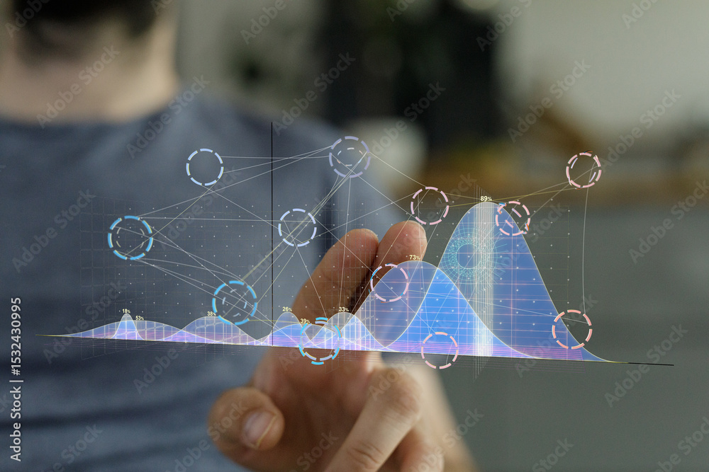 Poster close-up of a person's hand interacting with a holographic graph, showcasing data analysis and visua