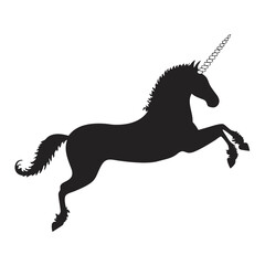 Obraz premium Black silhouette illustration of a majestic unicorn horse rearing and leaping against a white background.
