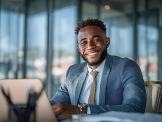 Business professional smiling confidently in modern office setting