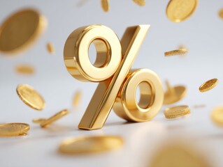 Gold percent sign surrounded by shiny coins falling on a light background