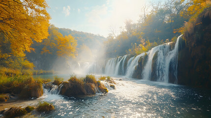 Exotic waterfall and lake landscape of Plitvice Lakes National Park