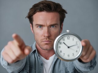 Man pointing at the camera while holding a clock during daytime