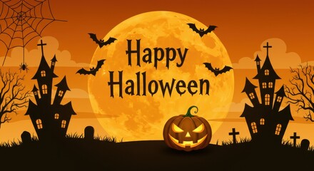 Happy halloween spooky night scene with haunted houses