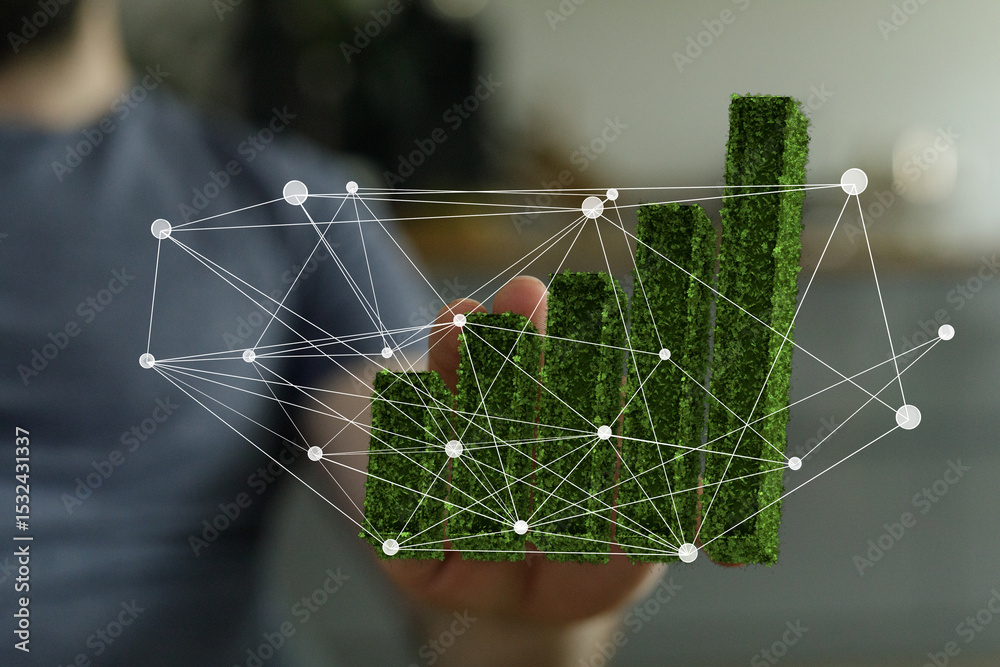 Poster eco-friendly business growth visualization. network graph shows sustainable development and intercon