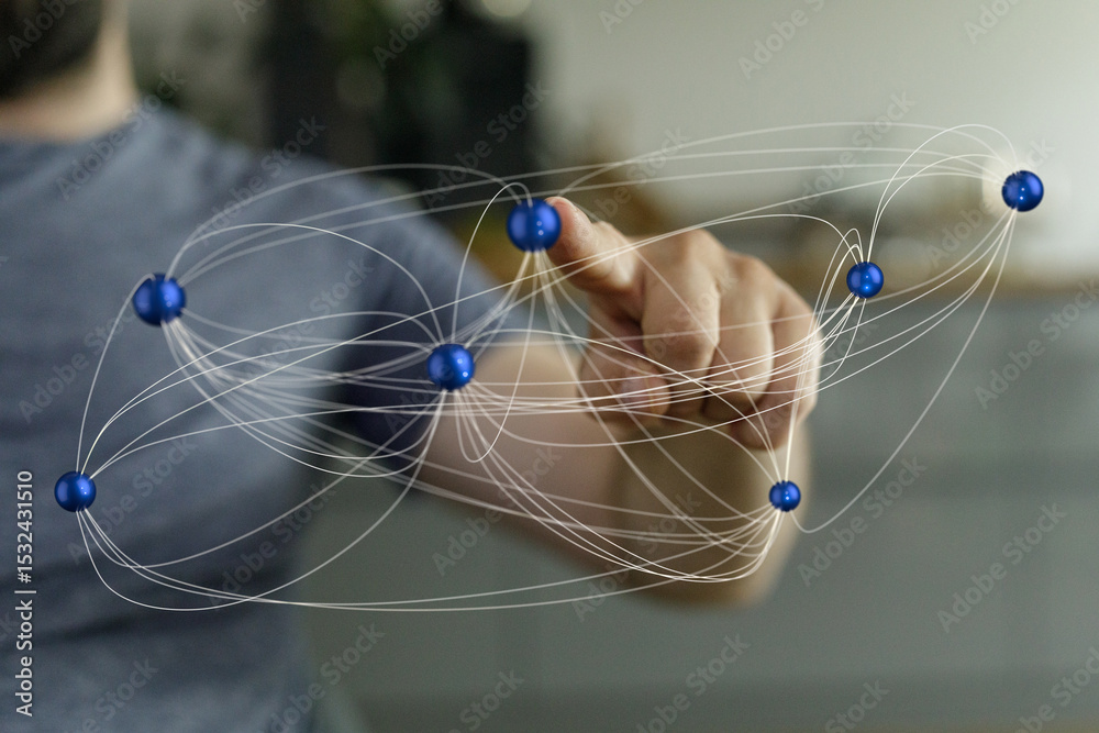 Poster Abstract image of a man interacting with a digital network.  Perfect for technology, connection, and networking concepts.