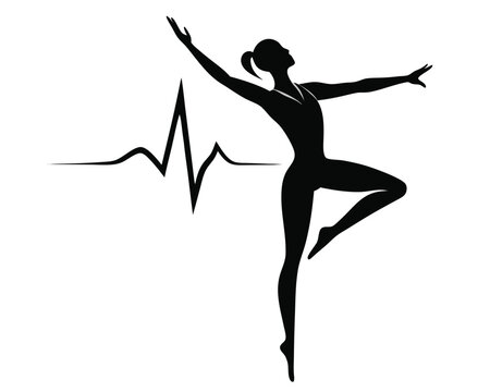 Silhouette of a graceful dancer and heartbeat line representing wellness and health. dancer, ballet, fitness, health, heartbeat, pulse, wellness, balance, movement, silhouette.