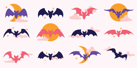Halloween Collection Bat Silhouettes with Stars, Moon, Clouds Isolated on White Background. Playful flying bats with spooky vibe, perfect for party invitations, print, fashion, cards, posters, web