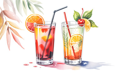 A watercolor illustration of two tall cocktail glasses filled with ice and citrus drinks.