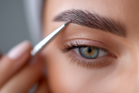 Grooming eyebrows with a pencil at a beauty salon in bright lighting during afternoon hours. A close-up view of a person carefully shaping their eyebrows with a fine pencil at a beauty salon - Powered by Adobe