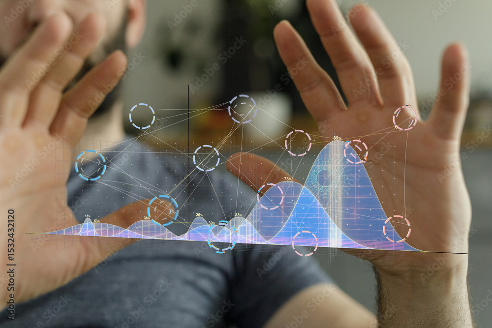 Poster stock photo of a person interacting with a futuristic holographic data visualization.