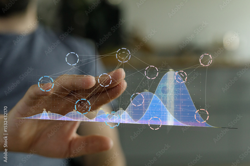 Fototapete Person interacting with a holographic graph showing data analysis and visualization.