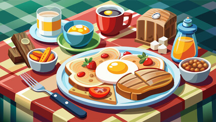 Cartoon breakfast table with fried egg, toast, fruits, beans, drinks, and syrup on a checkered tablecloth