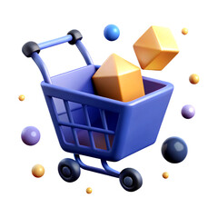 3d render shopping cart with geometric shapes isolated on transparent background