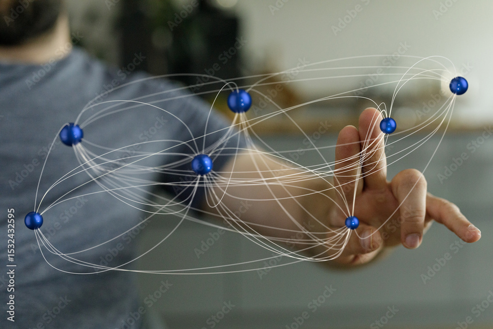 Aufkleber Abstract image of a hand interacting with a digital network, representing global connections and data flow.