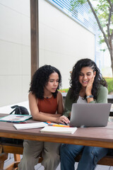 University students collaborating on project with laptop outdoors