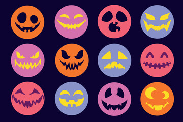 Halloween Angry Monster Face Collection. Spooky cartoon character. Scary face icon perfect for cards, patterns, print, web