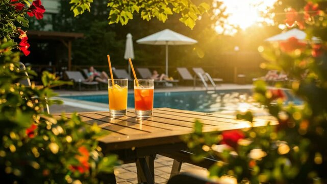 Two refreshing drinks on a wooden table at a poolside with people relaxing in the background during golden hour. Summer vacation.