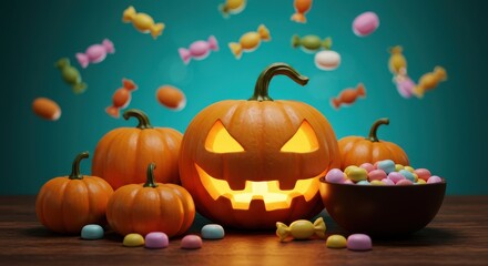 Fototapeta premium Halloween jack o lantern with candy corn and pumpkins