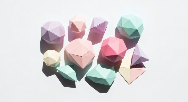 Pastel geometric shapes on a white background, featuring abstract faceted objects in soft, calming colors. Perfect for modern design, art, and creative projects.