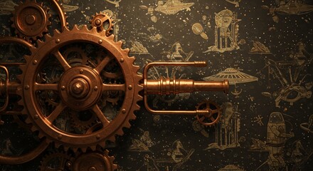 Fototapeta premium Steampunk Gears and Telescope on Space Wallpaper