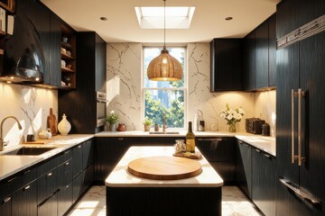 Compact small apartment kitchen design with dark wooden cabinets, white marble countertops, large window, natural light. Concept of small apartment kitchen design focused on interior elegance.