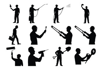 Silhouettes of construction workers with tools