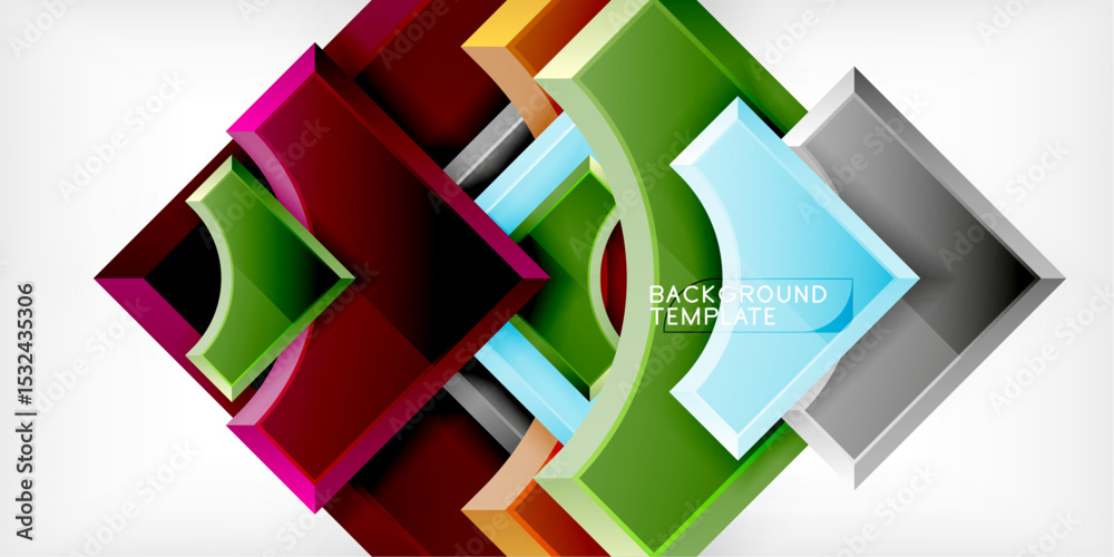 Poster Abstract geometric design. Overlapping squares create dynamic visual effect. Colors range from green, red, blue, gray. Modern composition.