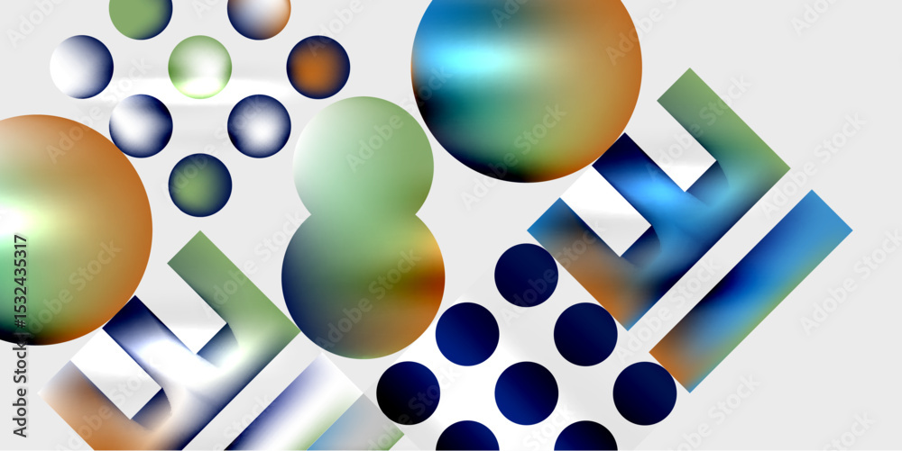 Aufkleber Abstract composition featuring spheres, cylinders, gradients. Shapes overlap, creating dynamic visual effect. Minimalist design, dark background.