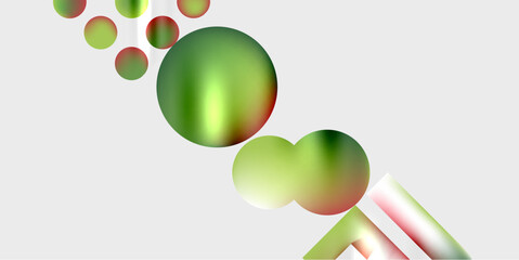 Abstract spheres, gradients, lines create dynamic composition. Minimalist design, soft colors, modern aesthetic. Light reflections visible.