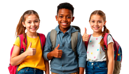 Group of three cheerful schoolchildren standing together with backpacks, smiling and showing thumbs up