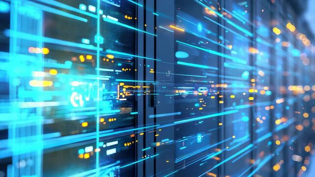 Rows of glowing server racks with abstract digital data streams and blue-orange light effects create a futuristic technology scene.