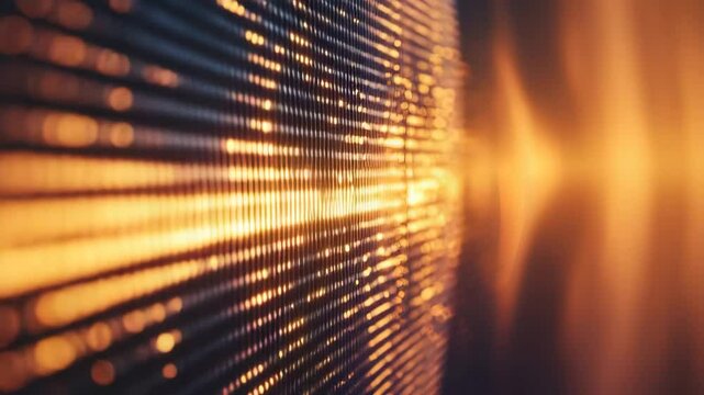 Glowing orange and gold digital lights create an abstract, futuristic wave pattern with a sense of motion and depth.