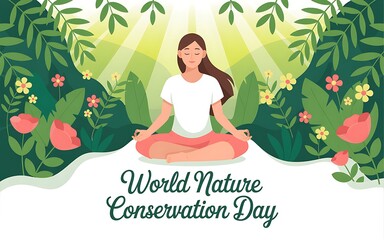 Nature Conservation Day Banner | A woman meditating in nature for World Nature Conservation Day