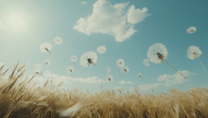 The image depicts a close-up of dandelions in spring, with the seeds being blown away by the wind, set against the vibrant colors of a summer lawn and a blue sky