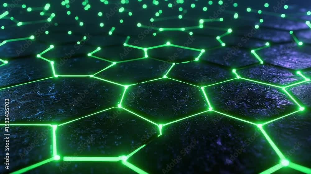 Poster A glowing hexagonal grid with green neon lines and dots, creating a futuristic digital network effect.