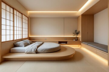 Fototapeta premium Small studio apartment interior design with minimalist wooden furniture, cozy lighting, tatami floor. Concept of small studio apartment interior design focused on simplicity and ideas.