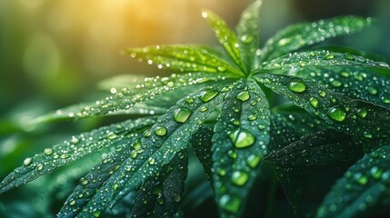 Close Up of a Green Leaf Covered in Water Drops After the Rain