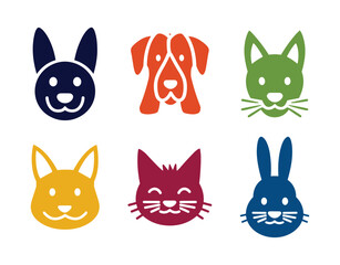 Six Colorful Simple Pet Faces Icons Rabbits Cats Dogs Blue Green Orange Yellow Maroon Dark Blue, 