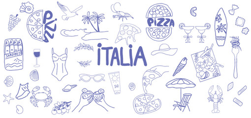 A fun and vibrant collection of Italian summer vacation doodles featuring elements like pizza, the sea, tropical fruits, sunglasses, and beach accessories. This design captures the essence of a relaxi