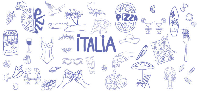 A fun and vibrant collection of Italian summer vacation doodles featuring elements like pizza, the sea, tropical fruits, sunglasses, and beach accessories. This design captures the essence of a relaxi