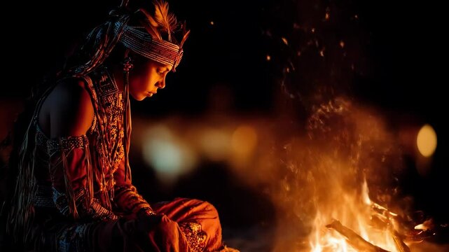 Indigenous woman in feathered attire sits near a fire in the dark. The flames reflect her calm strength &mdash; a western night full of spirit and memory.
