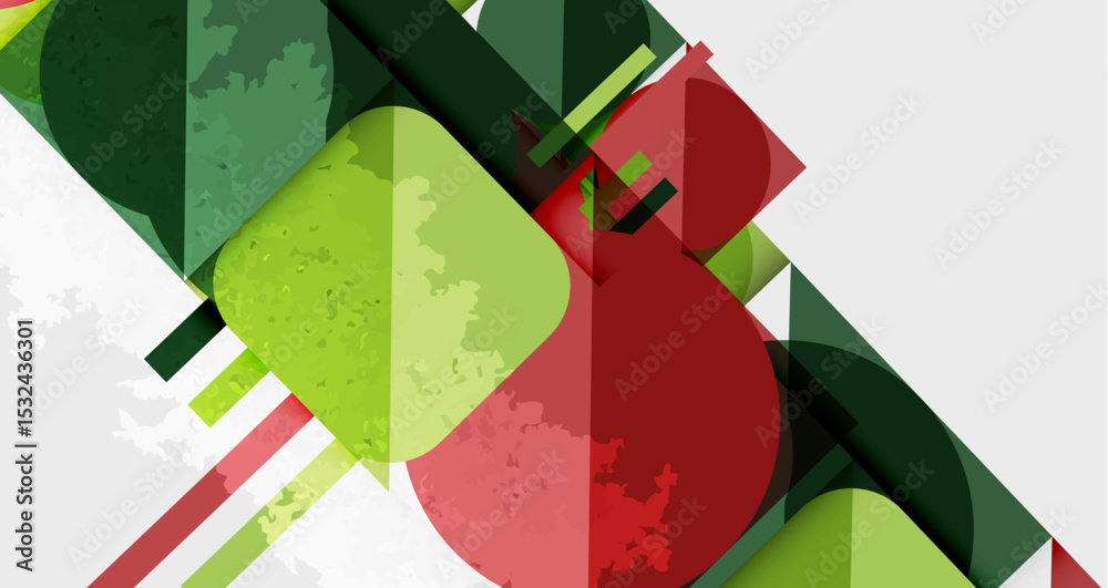 Poster Abstract geometric composition. Red, green, white shapes overlap creating dynamic visual texture. Minimalist design, modern aesthetic.